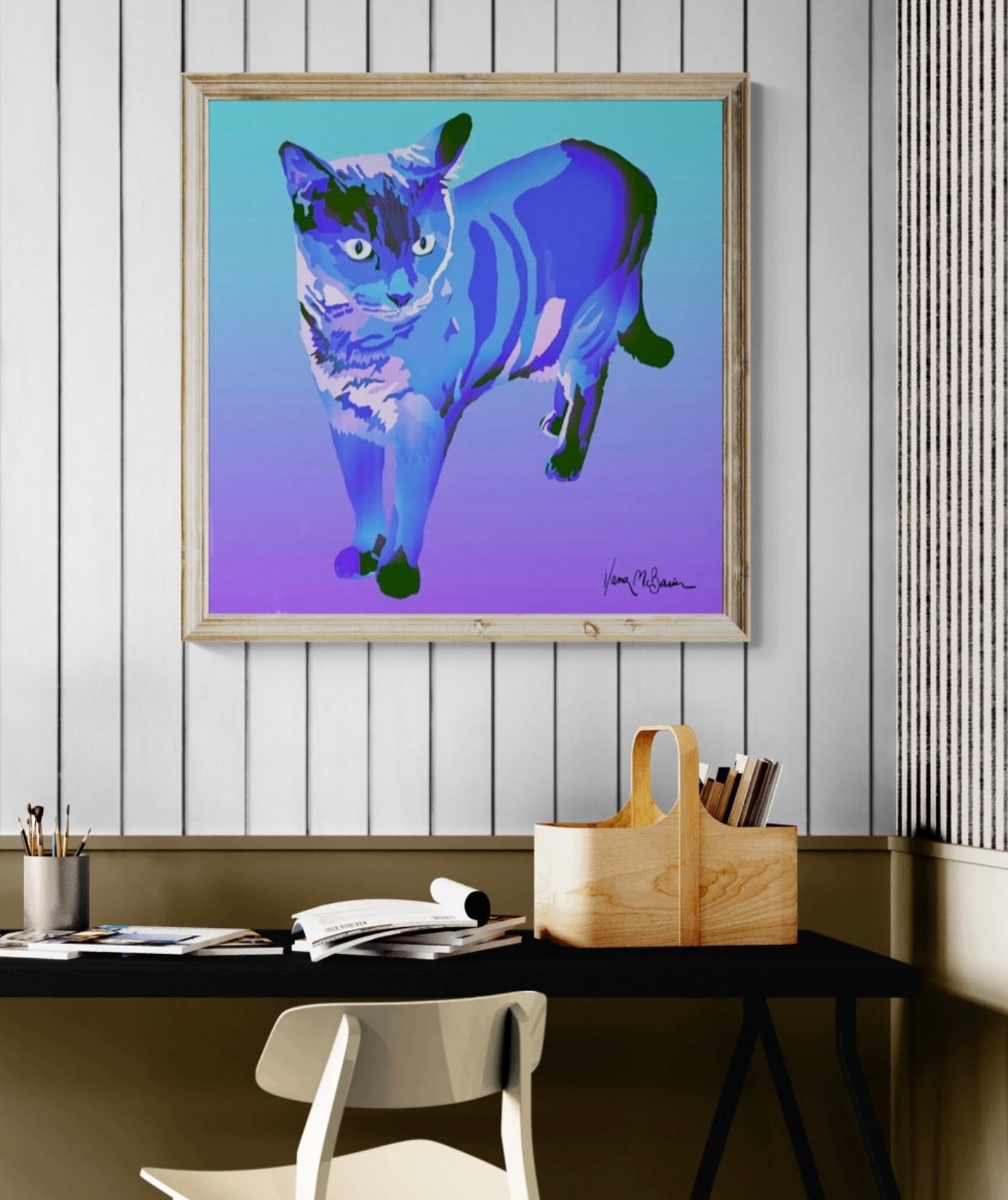 A contemporary pop art portrait of a Siamese cat on a large canvas print, enhancing a modern workspace with a vibrant splash of majestic blue colours and dynamic style.