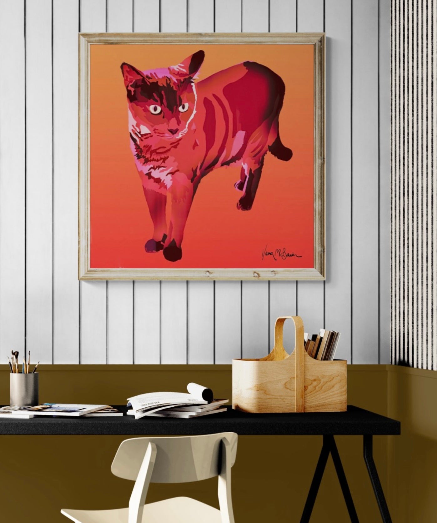 A contemporary pop art portrait of a Siamese cat on a large canvas print, enhancing a modern workspace with a vibrant splash of warm red and orange colours and dynamic style.