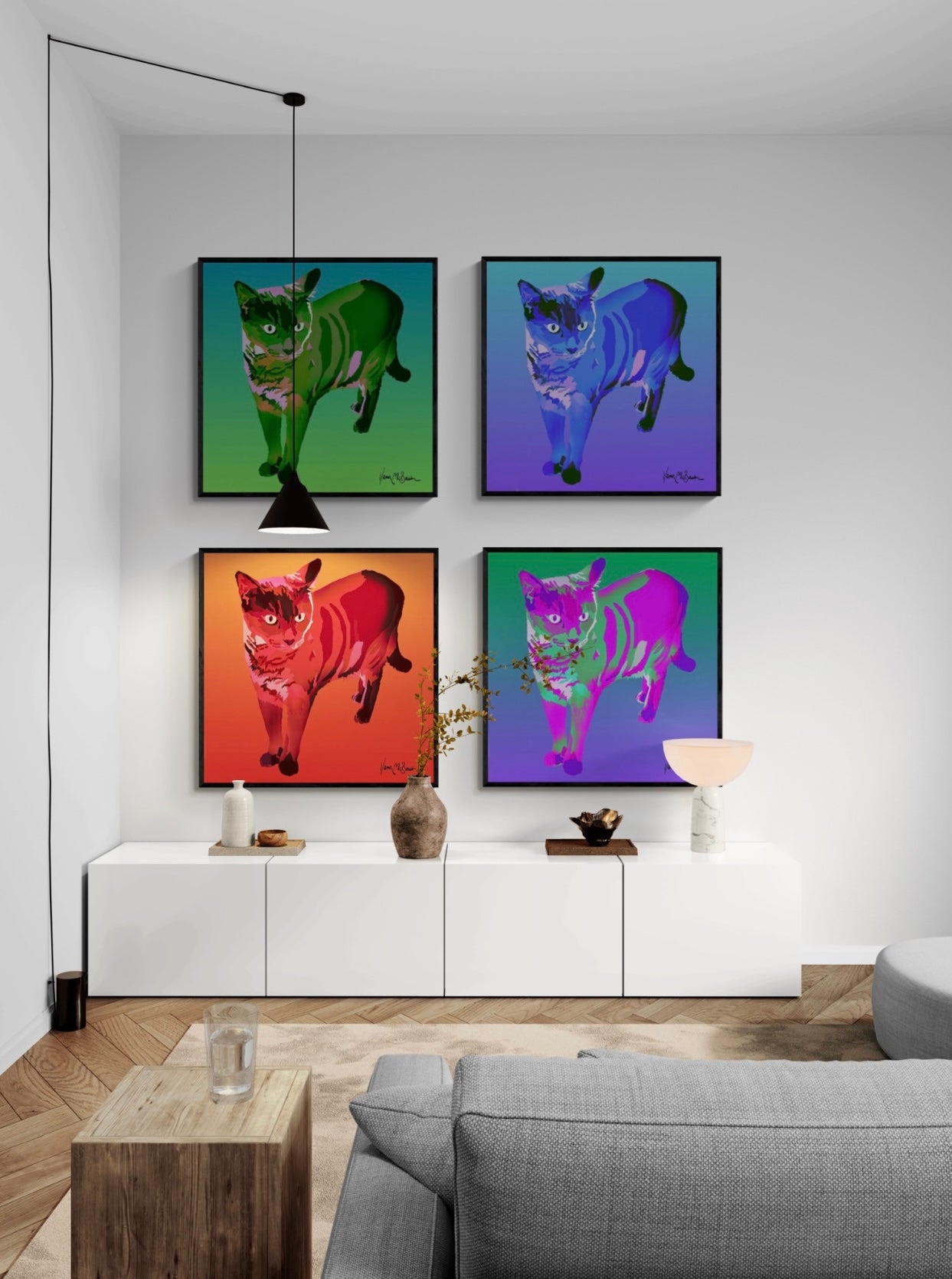 Contemporary pop art portrait of a Siamese cat, presented as a classic pop art gallery of four, adorning the walls of a modern living room with a bold and dynamic aesthetic.