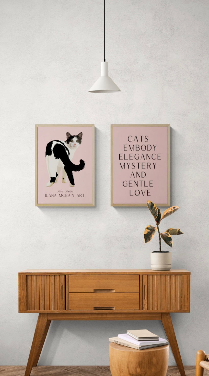 Modern art cat poster, original art by Ilana McBain on a White background, with a complimentary second poster featuring the quote: “Cats embody elegance, mystery, and gentle love”.