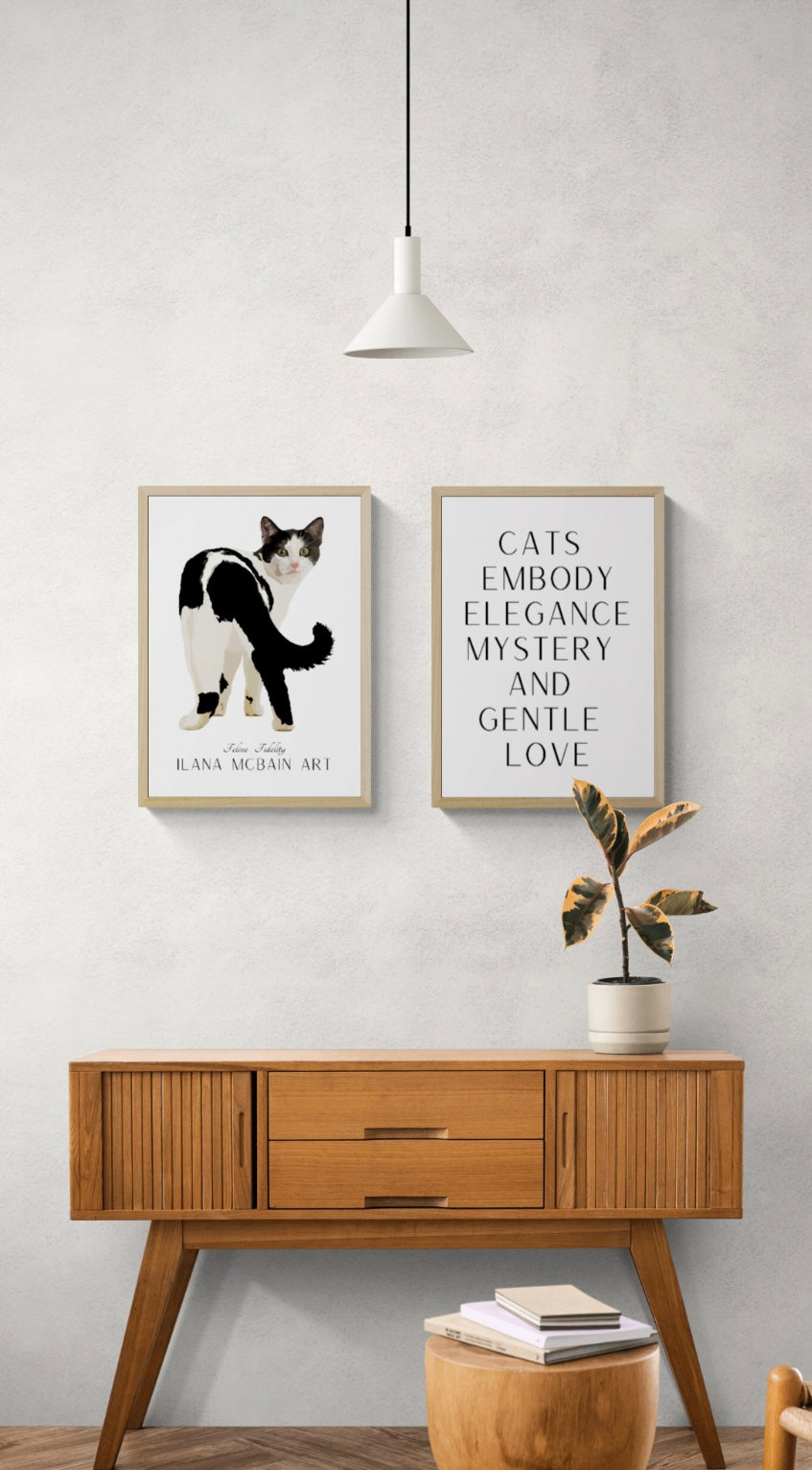 Modern art cat poster, original art by Ilana McBain on a White background, with a complimentary second poster featuring the quote: “Cats embody elegance, mystery, and gentle love”.