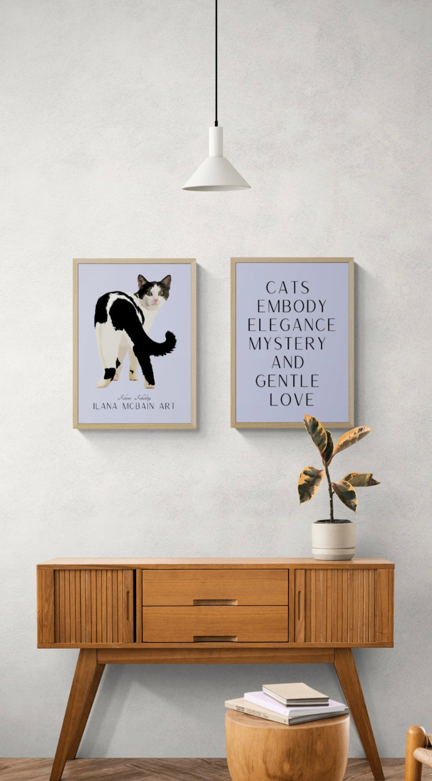 Modern art cat poster, original art by Ilana McBain on a Purple background, with a complimentary second poster featuring the quote: “Cats embody elegance, mystery, and gentle love”.