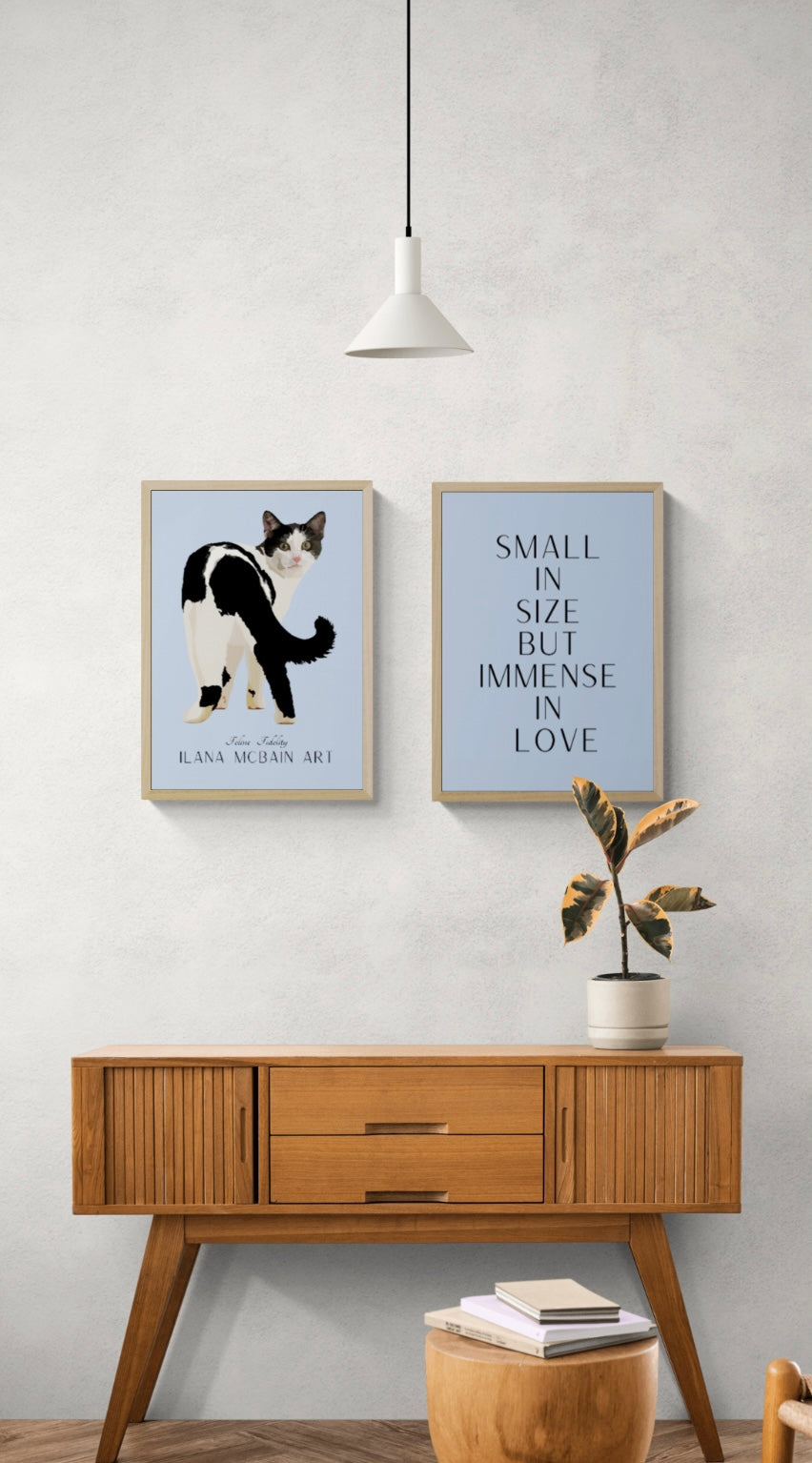 Modern art cat poster, original art by Ilana McBain on a Blue background, with a complimentary second poster featuring the quote: “Cats embody elegance, mystery, and gentle love”.