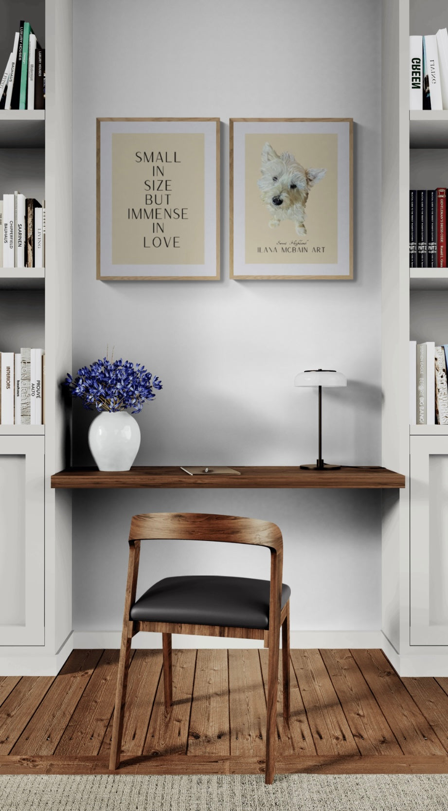 Modern art poster of an adorable West Highland Terrier, by renowned artist Ilana McBain, set against a classic beige background, with a complimentary second poster featuring the quote: “Small in size but immense in love”.