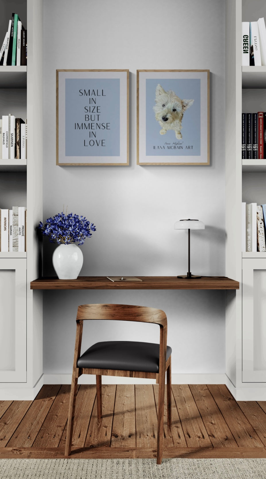 Modern art poster of an adorable West Highland Terrier, by renowned artist Ilana McBain, set against a serene blue background, with a complimentary second poster featuring the quote: “Small in size but immense in love”.