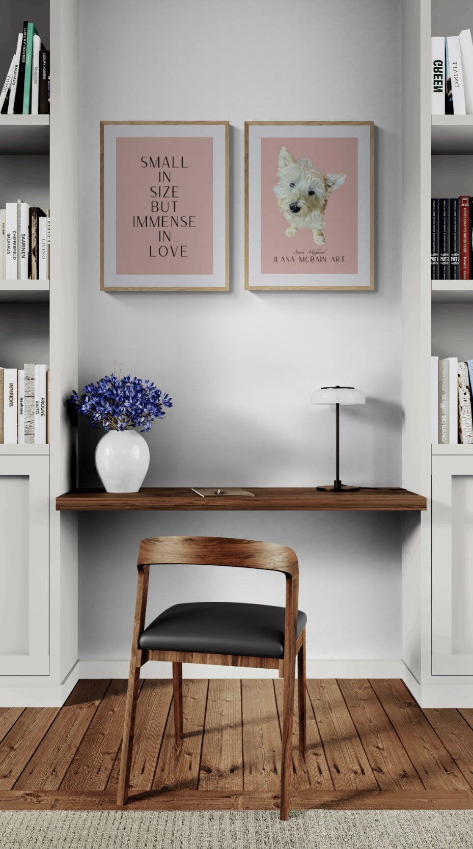 Modern art poster of an adorable West Highland Terrier, by renowned artist Ilana McBain, set against a serene rose background, with a complimentary second poster featuring the quote: “Small in size but immense in love”.