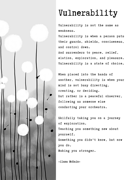 A poem called “Vulnerability” by Ilana McBain. Black and White Illustration. 