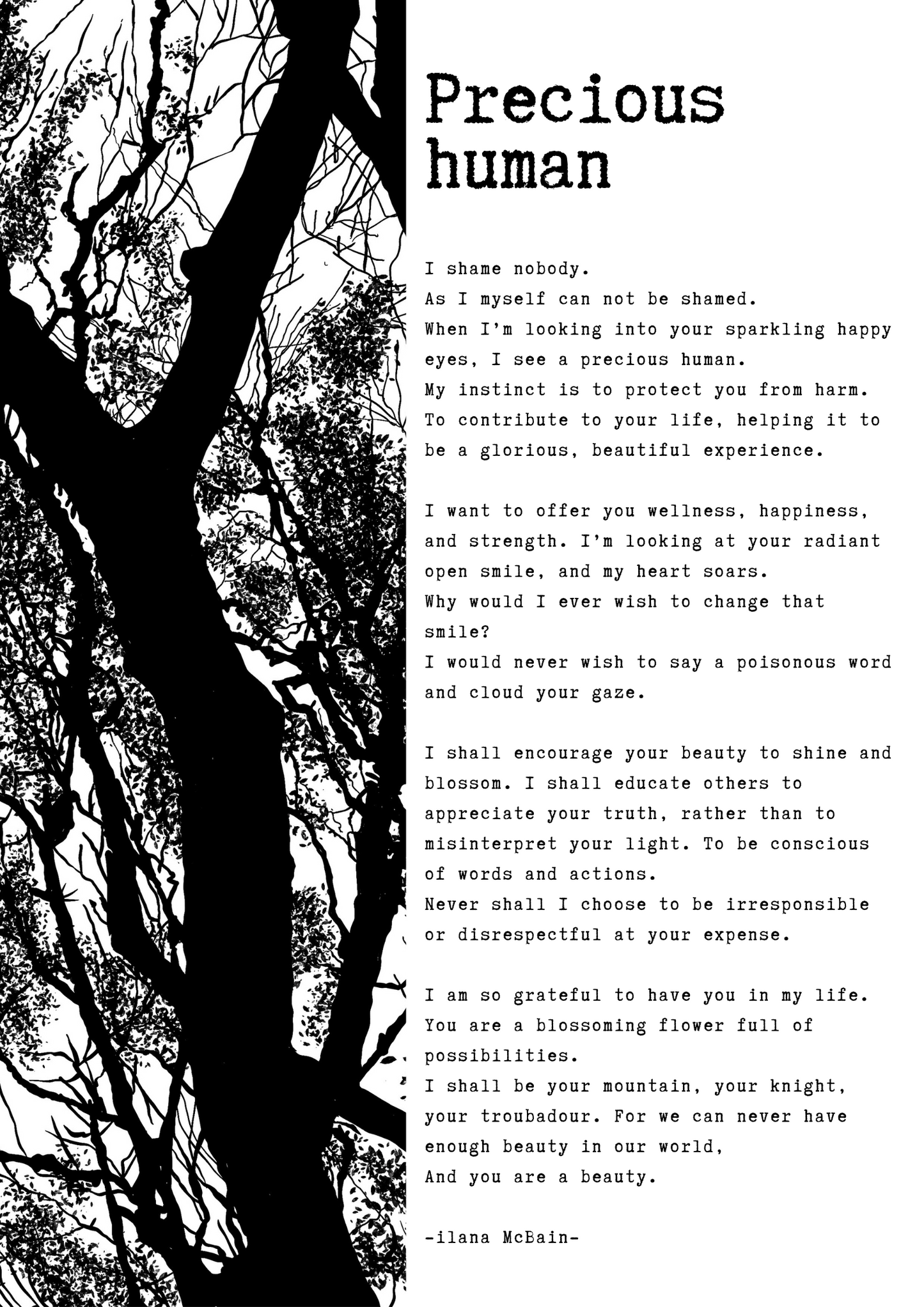 A poem called “Precious Human” by Ilana McBain. Black and White Illustration. 