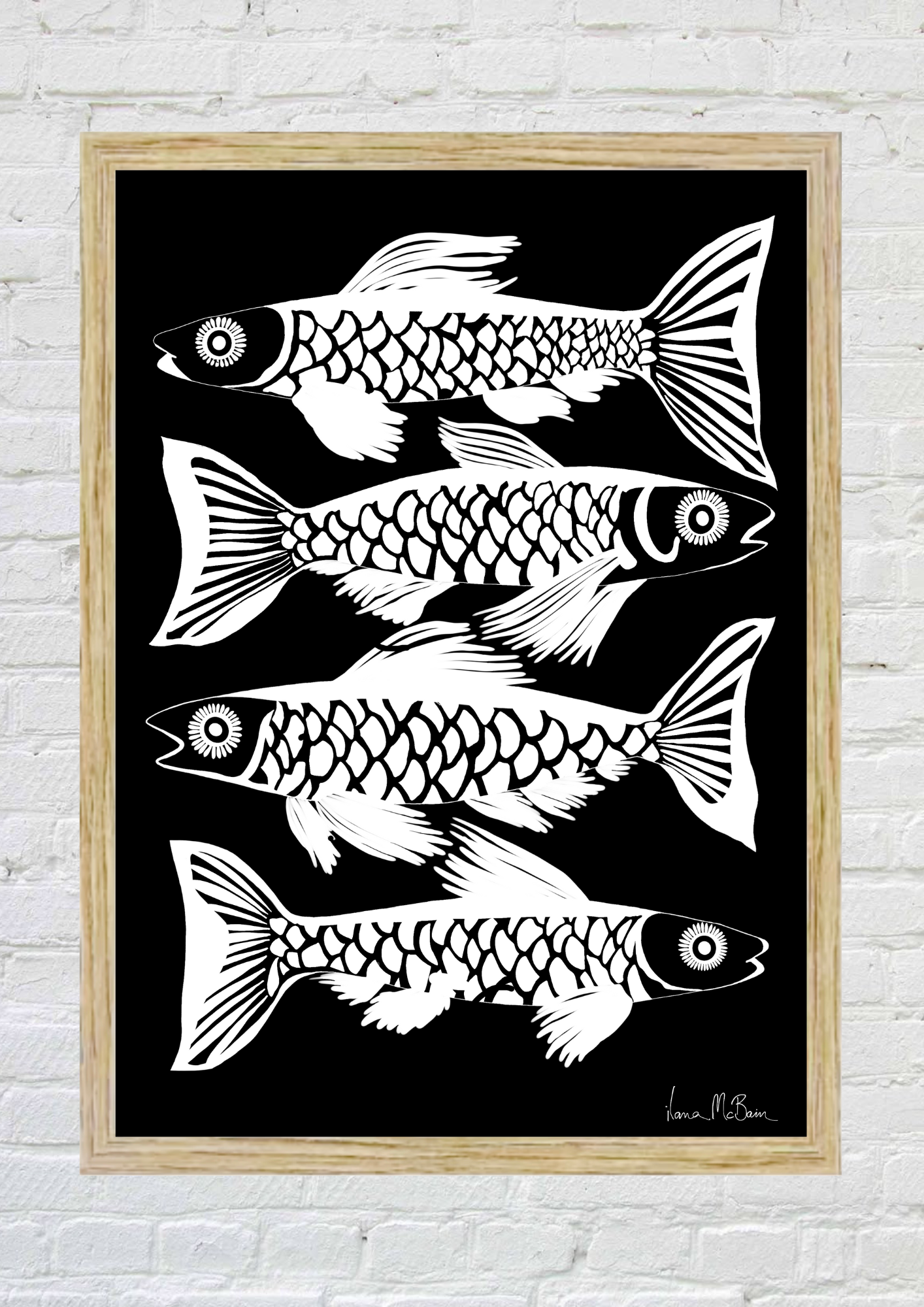 Opulent Currents - Fish Art Print - White / Black