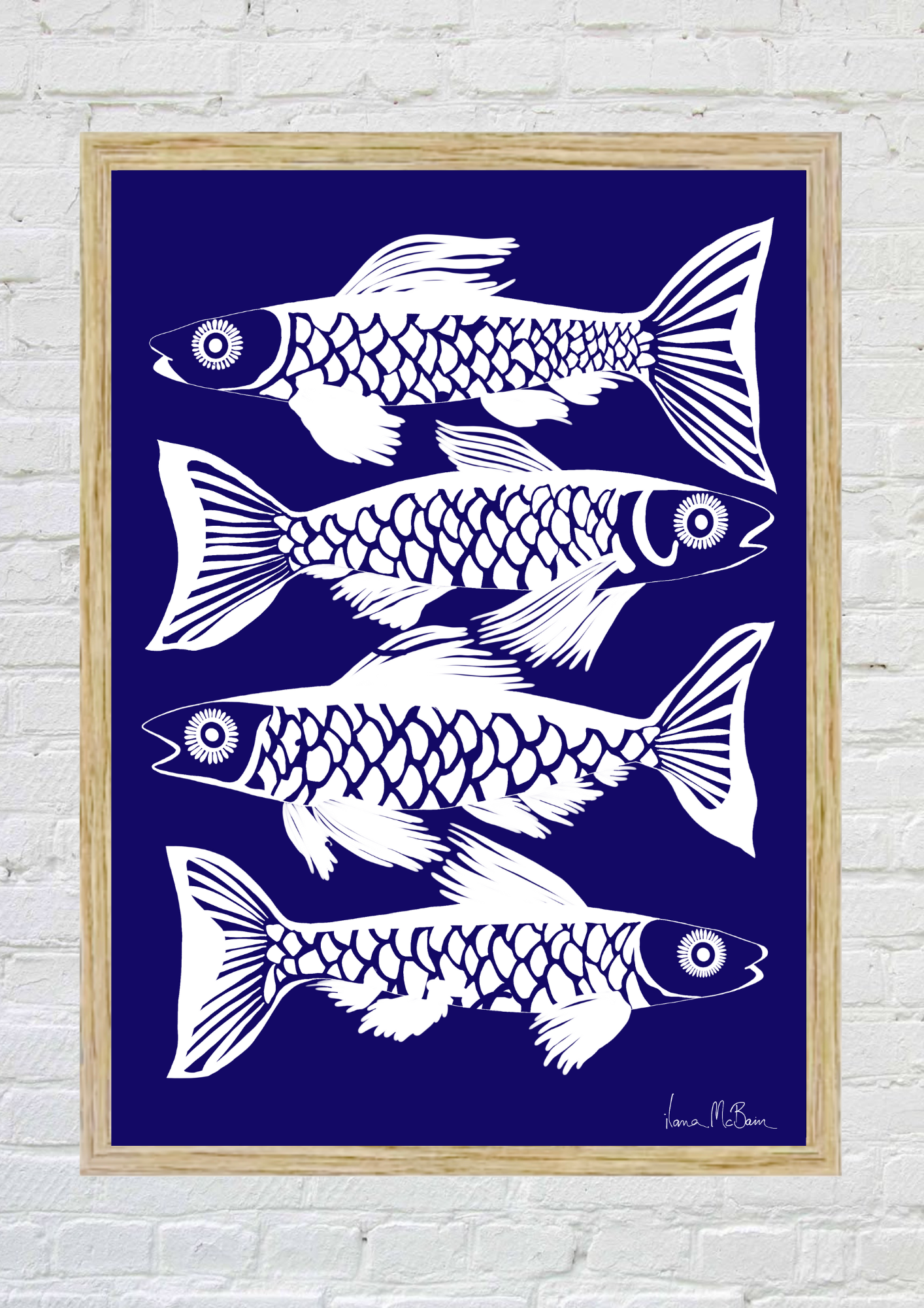 Opulent Currents - Fish Art Print - White / Navy 