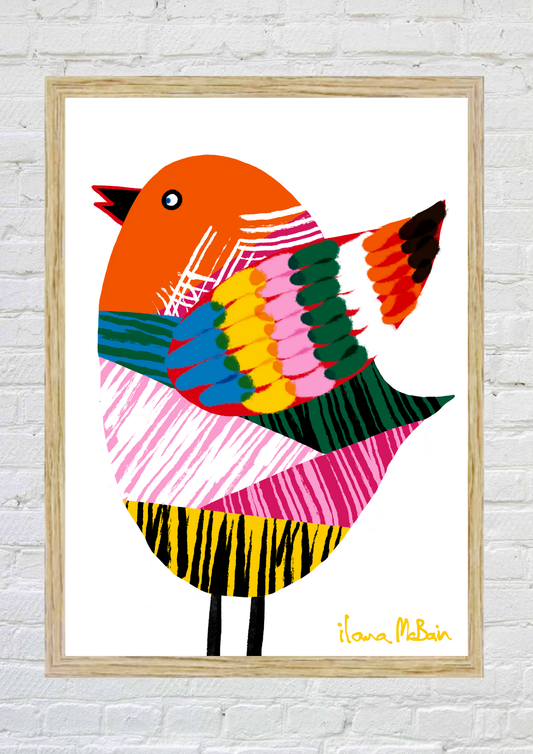 Colourful Bird Print By Ilana McBain In a Birch Frame