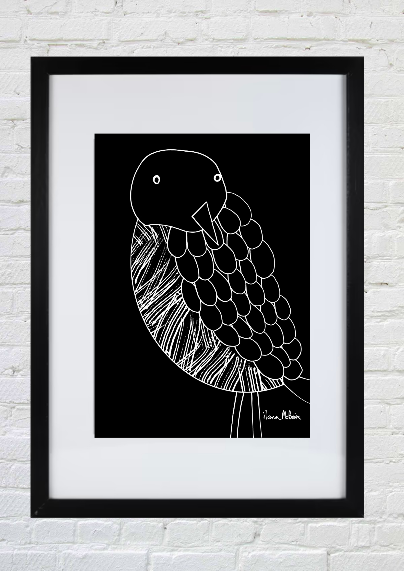 Winged Harmony - Bird Print - White Bird on Black Background