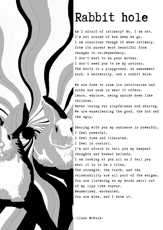 A poem called “Rabbit Hole” by Ilana McBain. Black and White Illustration. 