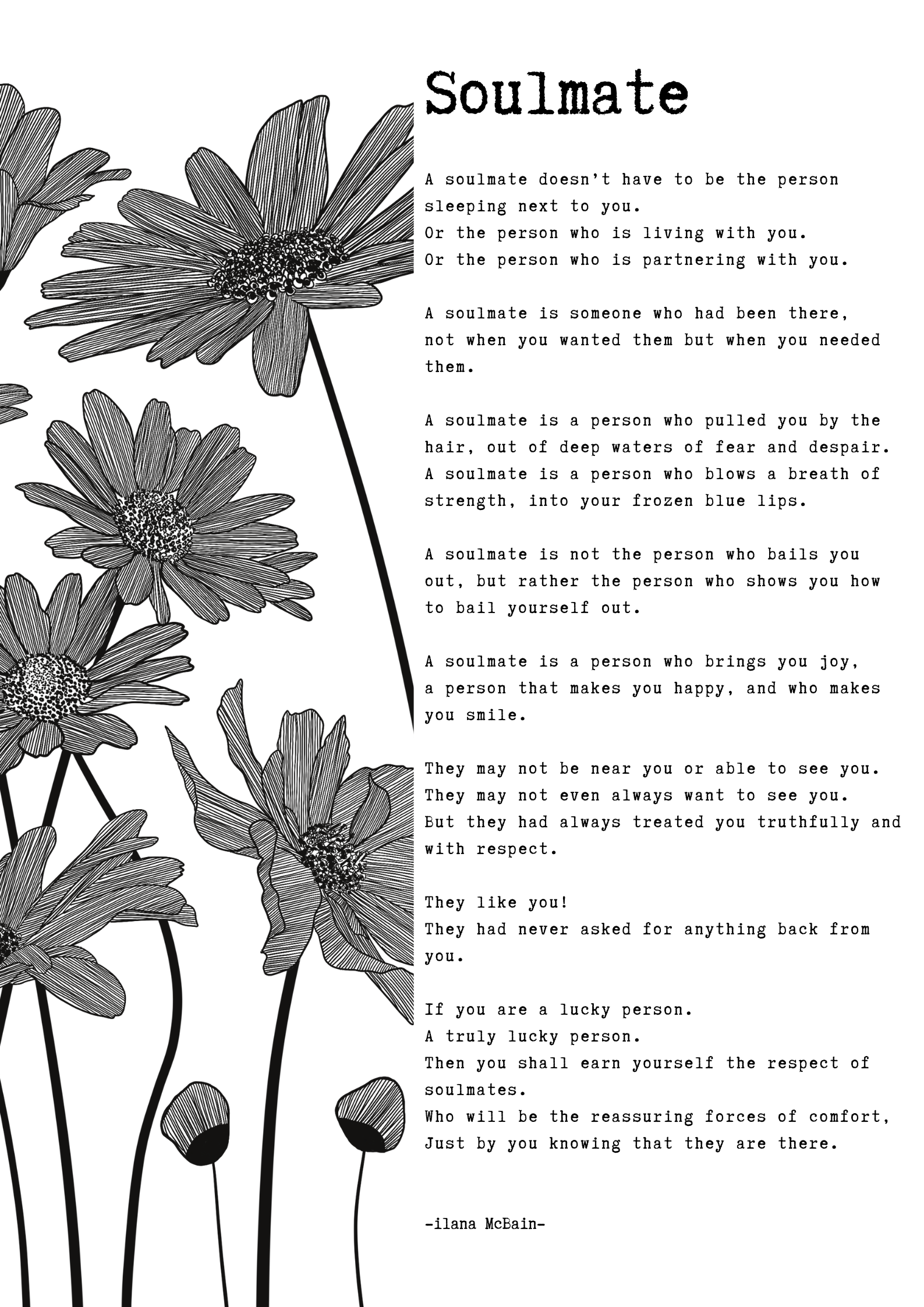 A poem called “Soulmate” by Ilana McBain. Black and White Illustration. 