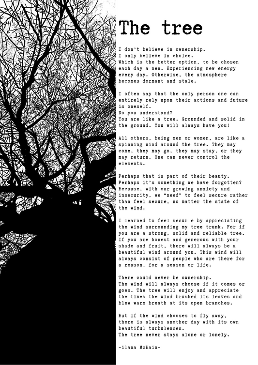 A poem called “The Tree” by Ilana McBain. Black and White Illustration. 