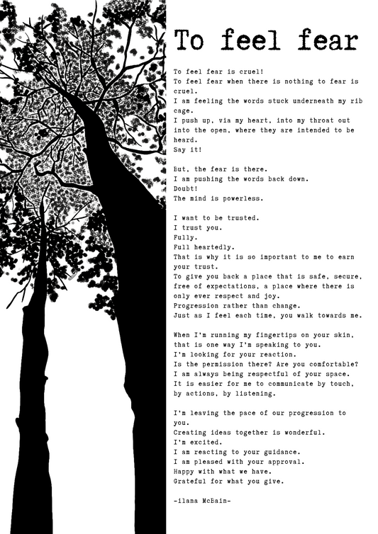 A poem called “To Feel fear” by Ilana McBain. Black and White Illustration. 