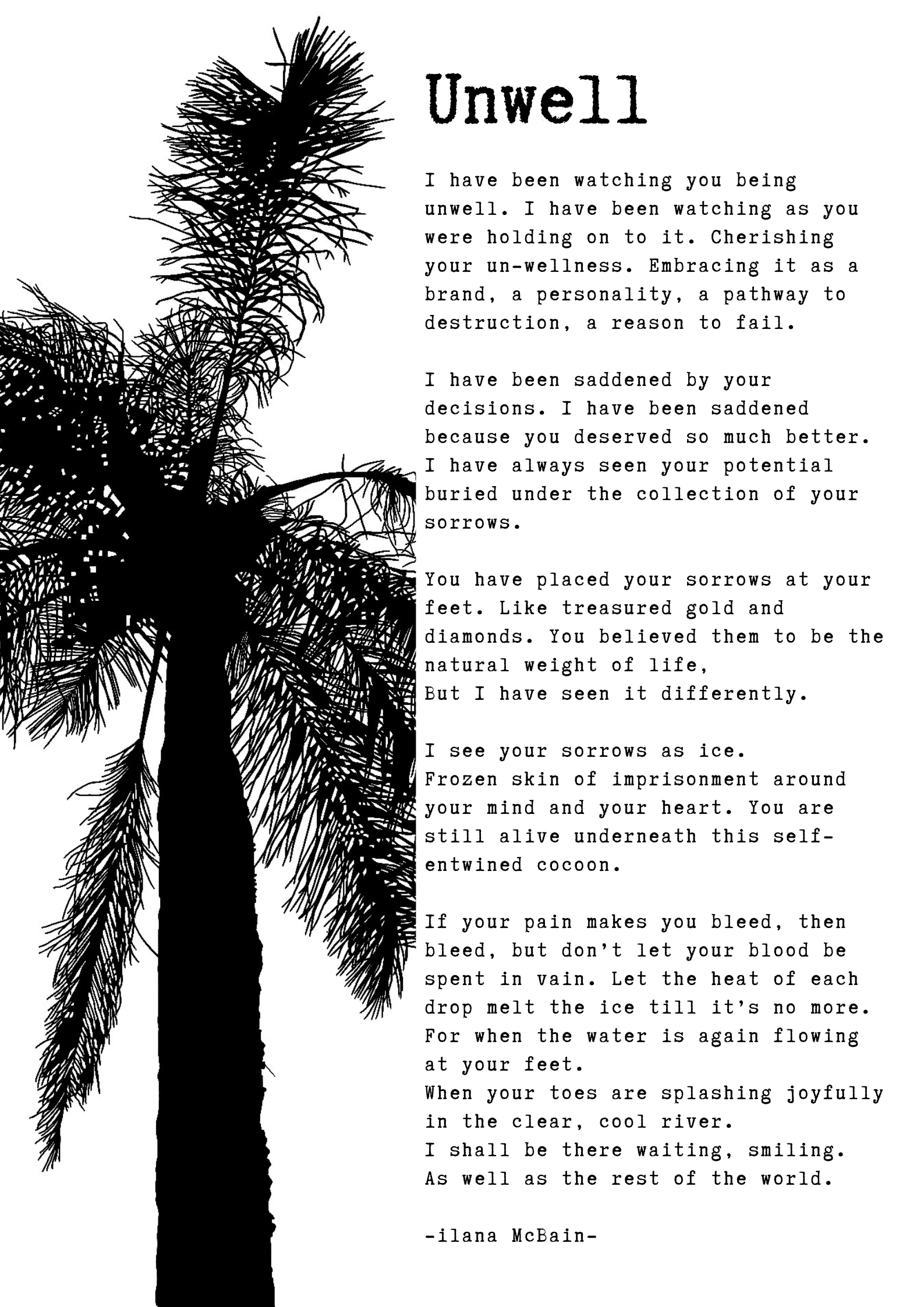 A poem called “Unwell” by Ilana McBain. Black and White Illustration. 